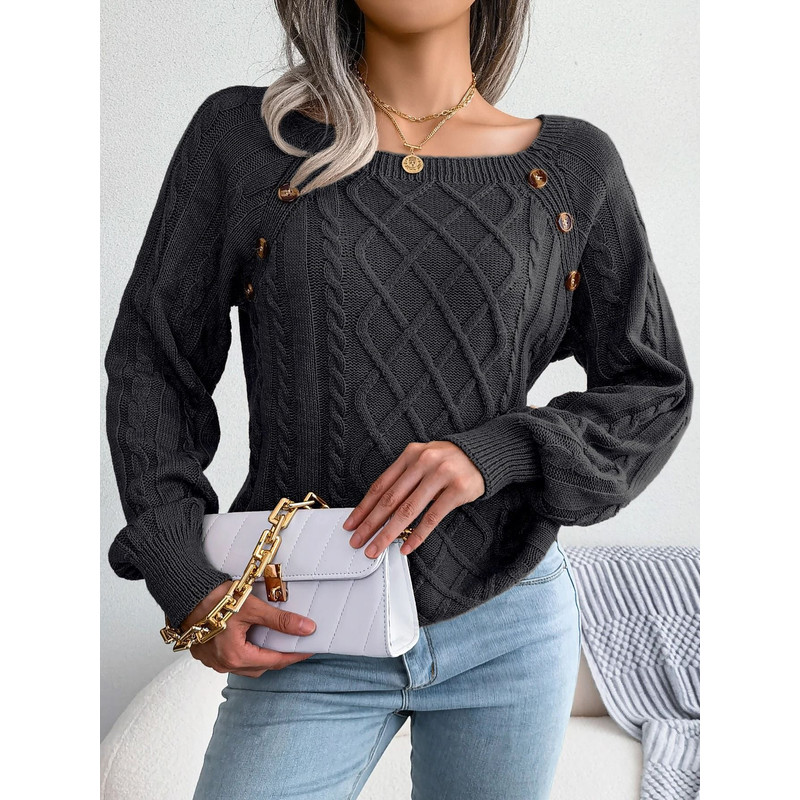 Square Neck Buttoned Knit Sweater For Women With Long Sleeves For Fall And Winter 5
