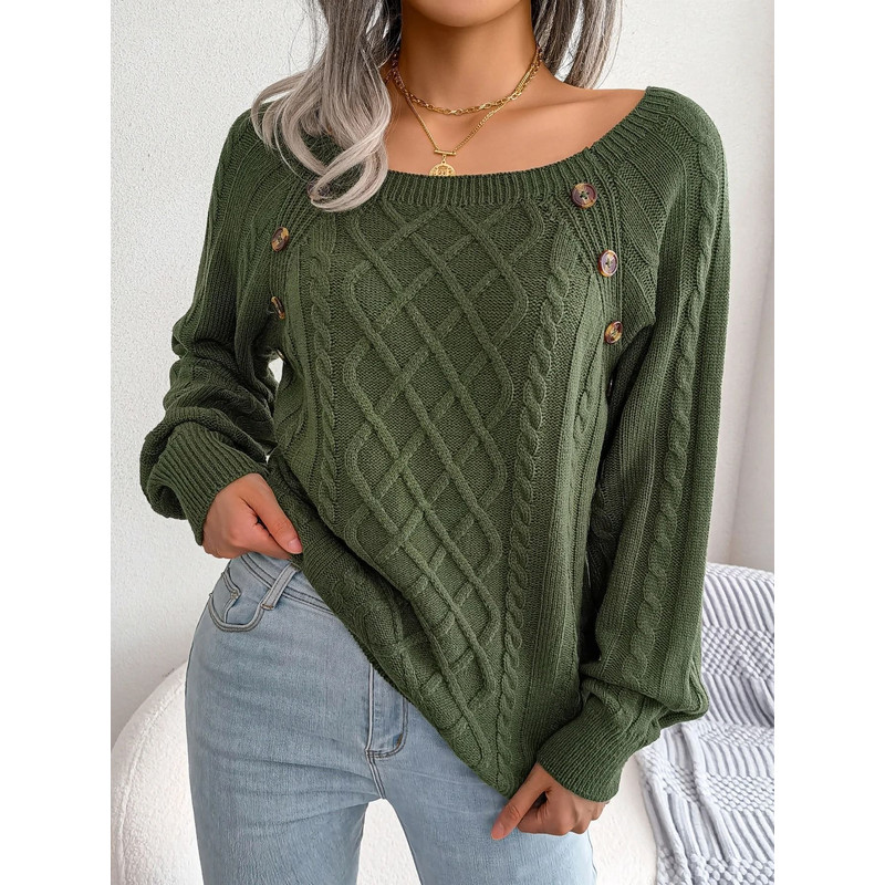 Square Neck Buttoned Knit Sweater For Women With Long Sleeves For Fall And Winter 8