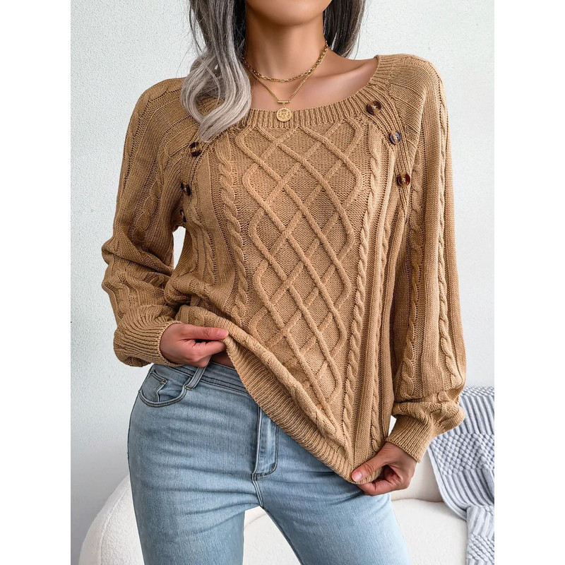 Square Neck Buttoned Knit Sweater For Women With Long Sleeves For Fall And Winter 12