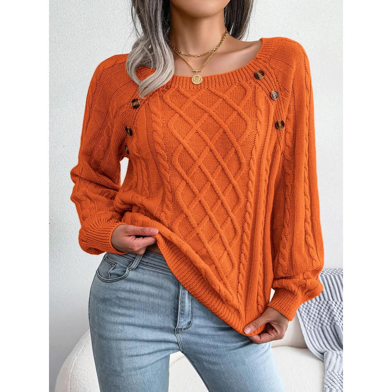 Square Neck Buttoned Knit Sweater For Women With Long Sleeves For Fall And Winter 13
