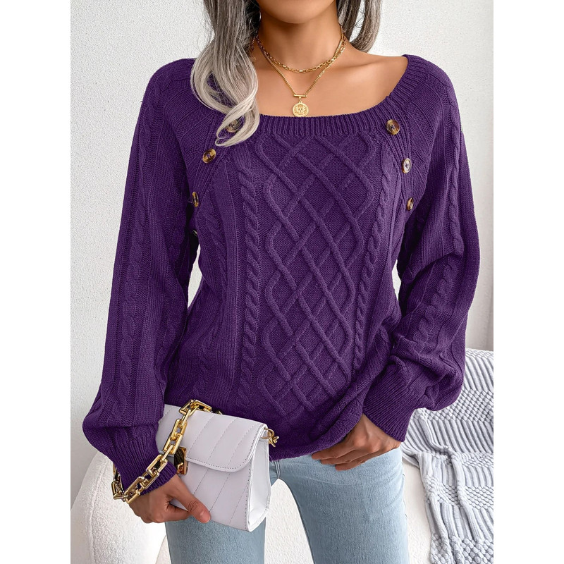 Square Neck Buttoned Knit Sweater For Women With Long Sleeves For Fall And Winter 15