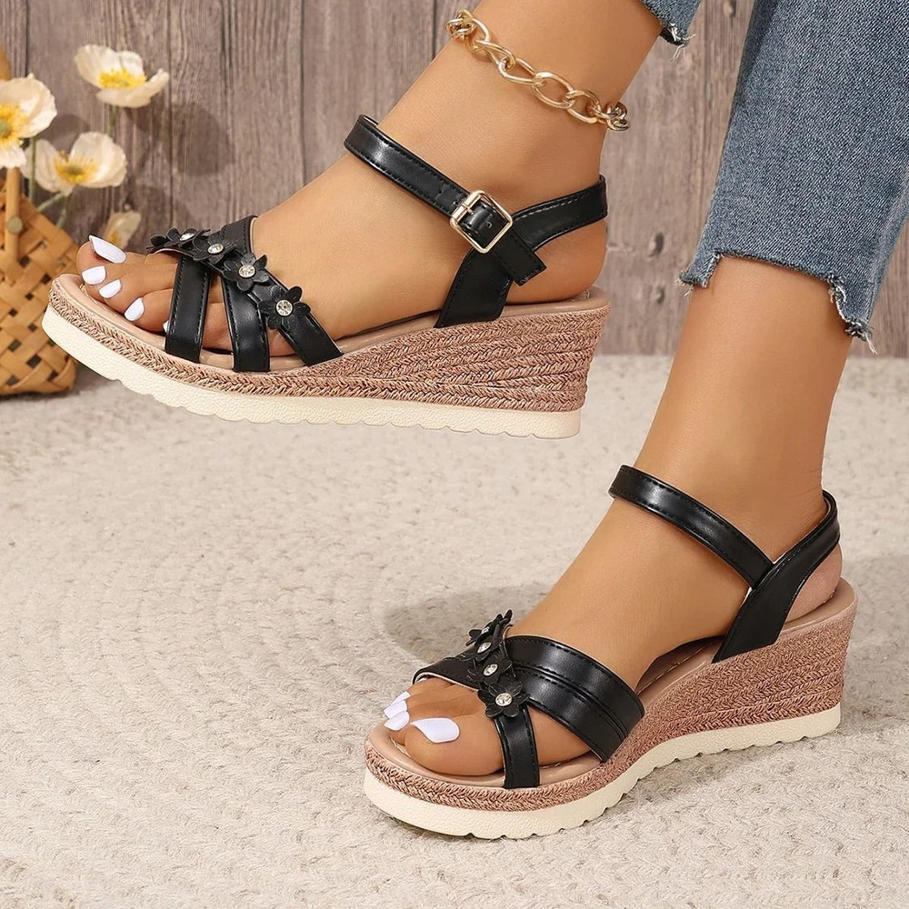 Womens Summer Wedge Sandals With Flower Detail And Ankle Strap For Comfort And Style 7