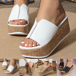 women wedge slippers with leather upper and platform sole for beach and casual summer wear