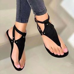 women flat sandals with belt buckle strap and pu leather design for casual summer wear