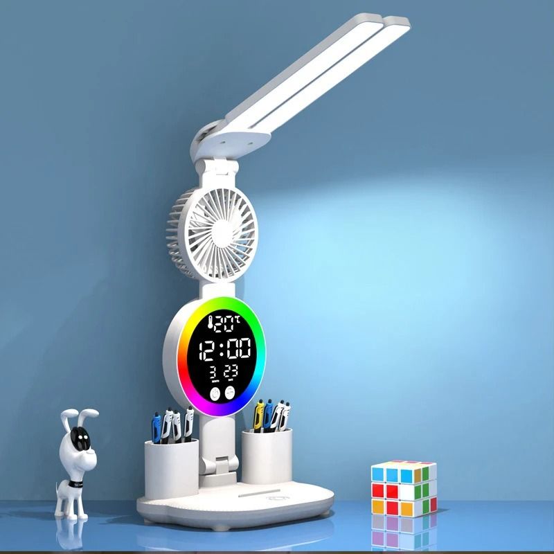 Rechargeable LED Table Lamp With Clock Display Fan And Night Light For Desk And Reading 1
