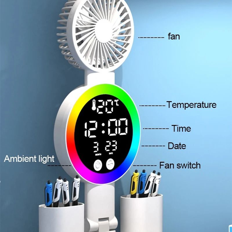 Rechargeable LED Table Lamp With Clock Display Fan And Night Light For Desk And Reading 3