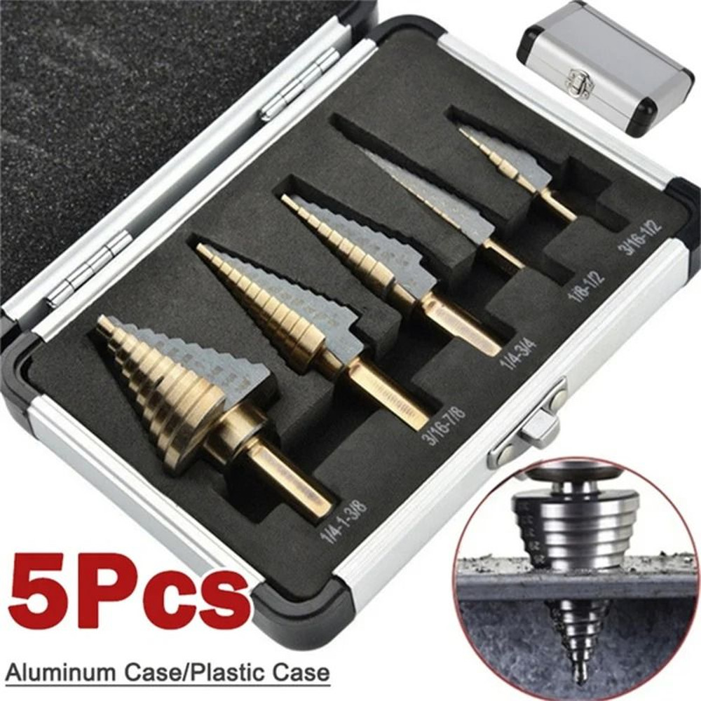 5 Piece Step Drill Bit Set With Cobalt Titanium Coating For Multi Size Hole Cutting In Metal Wood A 0