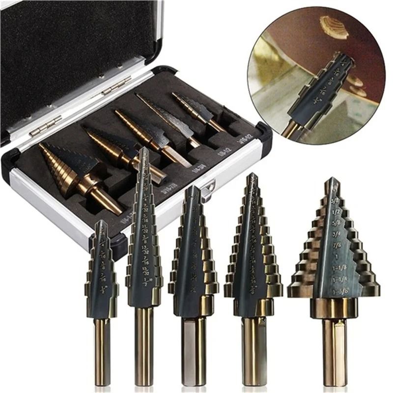 5 Piece Step Drill Bit Set With Cobalt Titanium Coating For Multi Size Hole Cutting In Metal Wood A 1