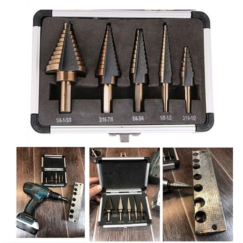 5 Piece Step Drill Bit Set With Cobalt Titanium Coating For Multi Size Hole Cutting In Metal Wood A 2