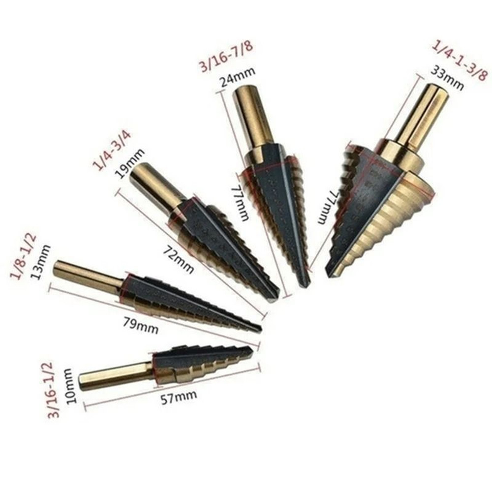 5 Piece Step Drill Bit Set With Cobalt Titanium Coating For Multi Size Hole Cutting In Metal Wood A 5