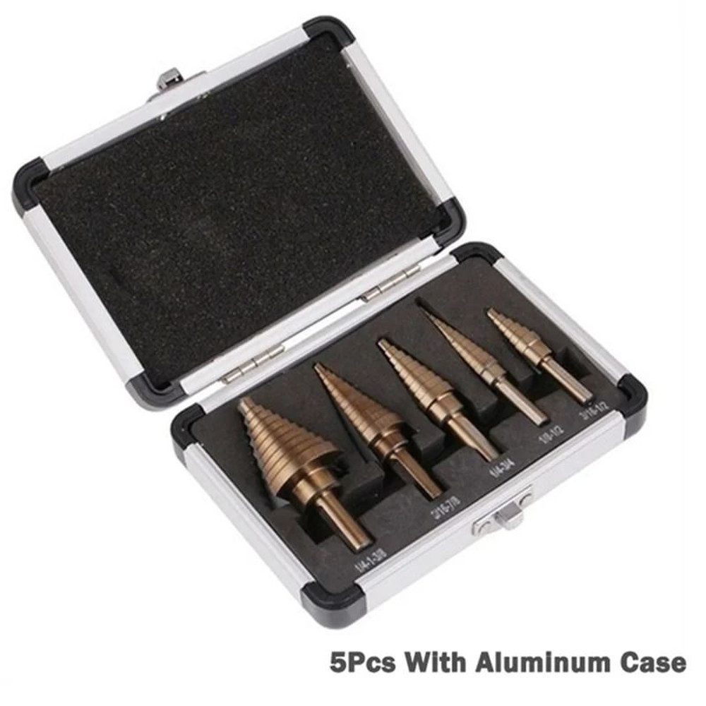 5 Piece Step Drill Bit Set With Cobalt Titanium Coating For Multi Size Hole Cutting In Metal Wood A 7