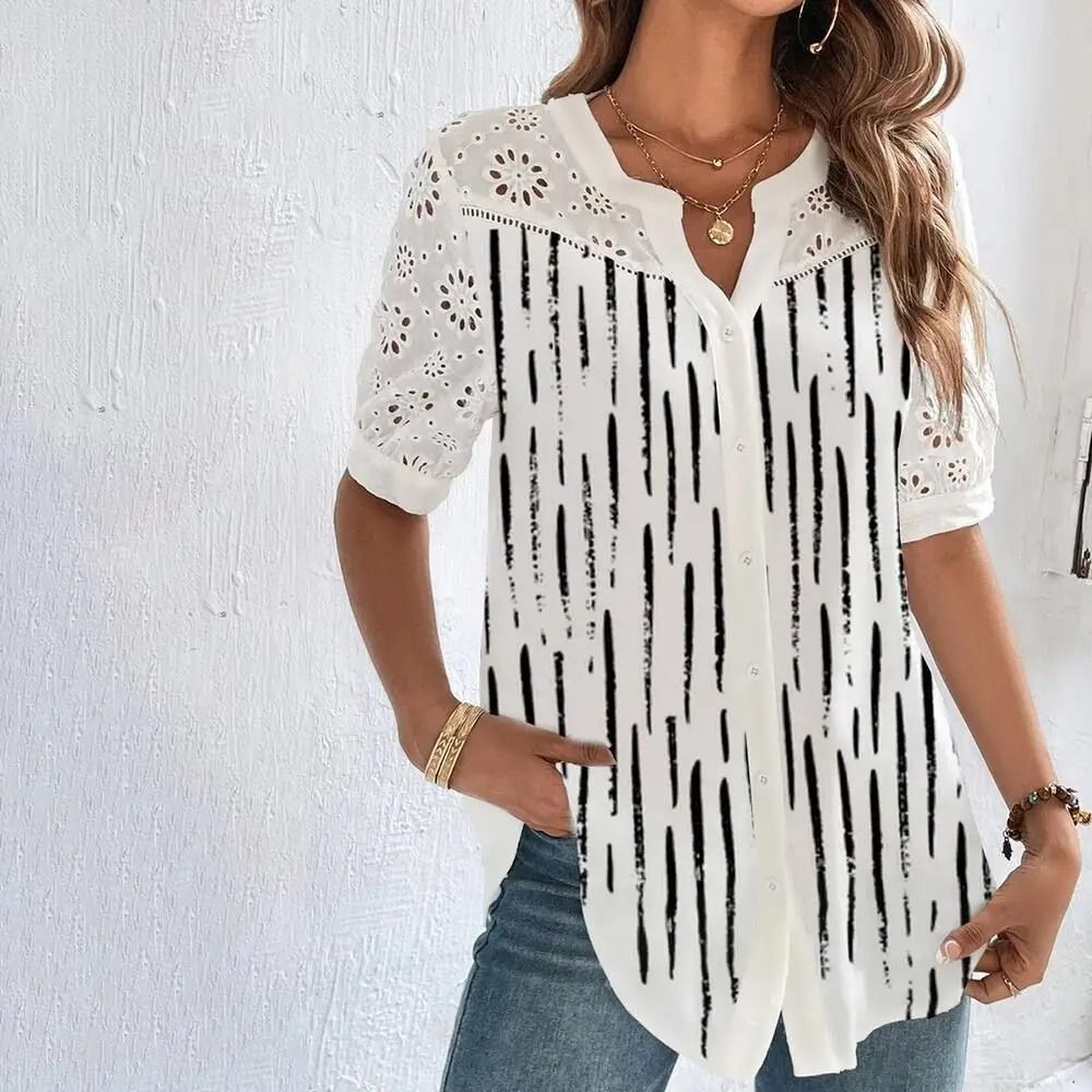 Womens Elegant Lace Short Sleeve Blouse Casual Loose Fit Top For Summer Holidays And Weekend Outfit 10