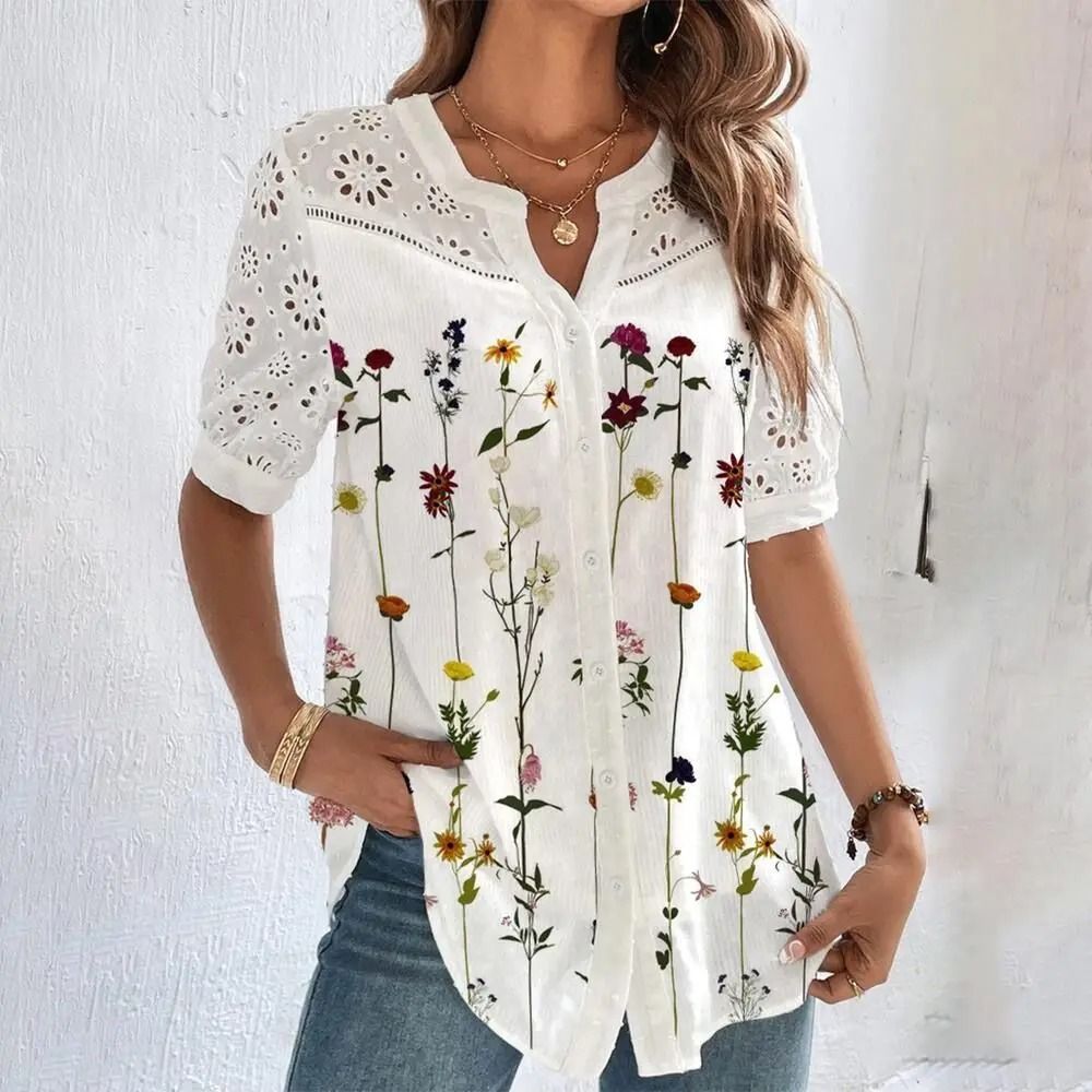 Womens Elegant Lace Short Sleeve Blouse Casual Loose Fit Top For Summer Holidays And Weekend Outfit 4
