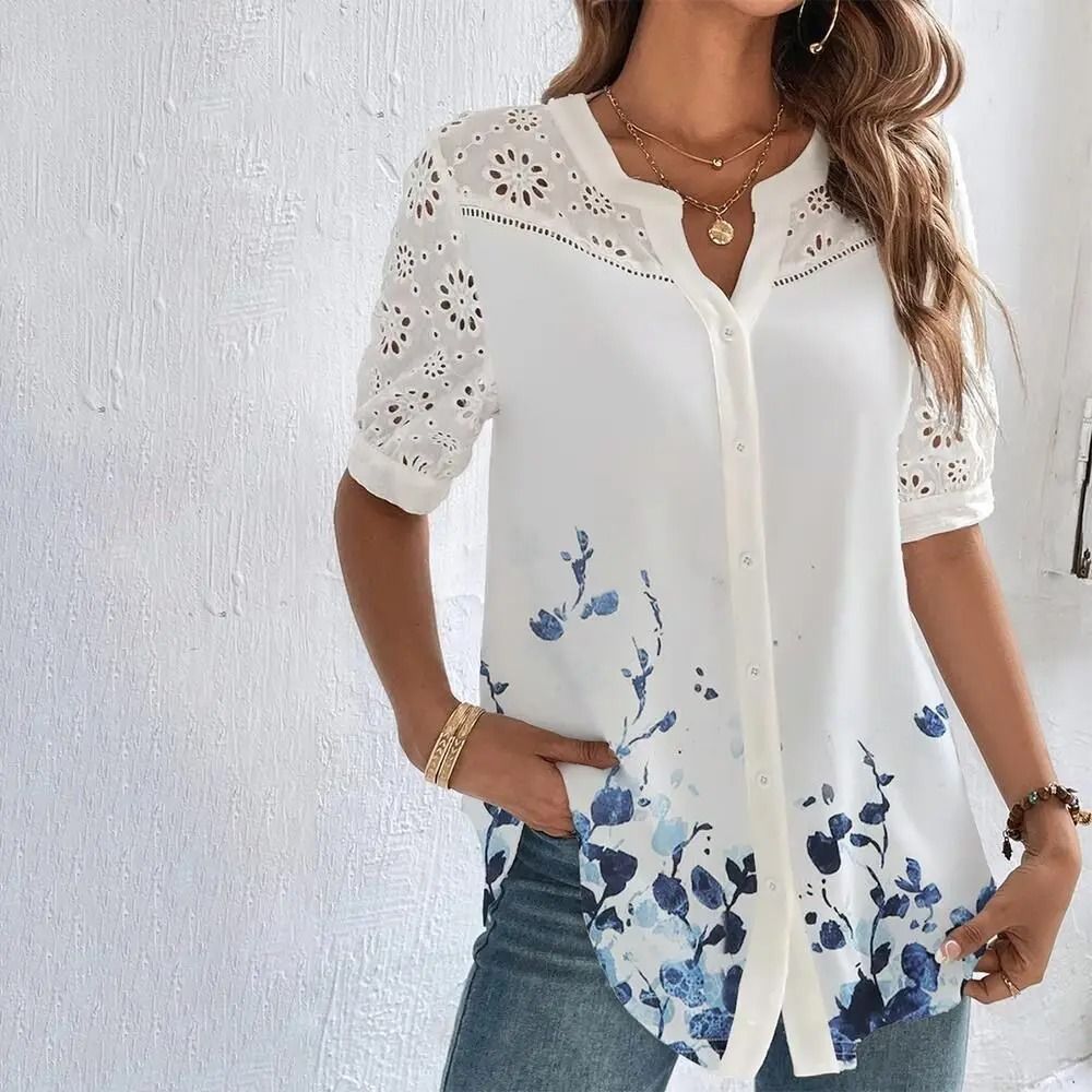 Womens Elegant Lace Short Sleeve Blouse Casual Loose Fit Top For Summer Holidays And Weekend Outfit 6