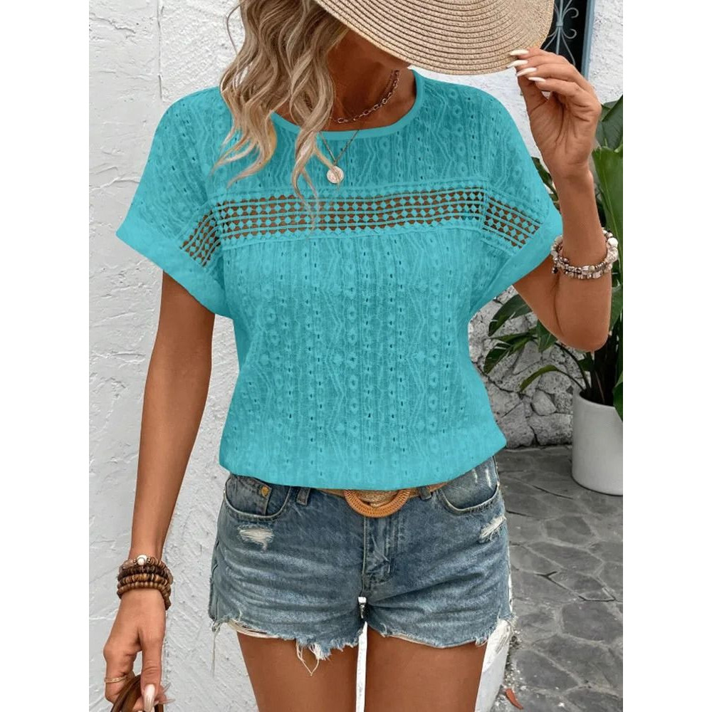 Womens Summer Casual Short Sleeve Blouse Loose Fit Hollow Out Solid Color Lightweight Shirt Top 9