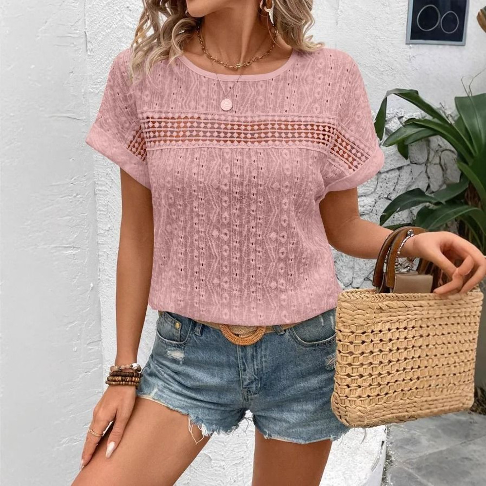 Womens Summer Casual Short Sleeve Blouse Loose Fit Hollow Out Solid Color Lightweight Shirt Top 10