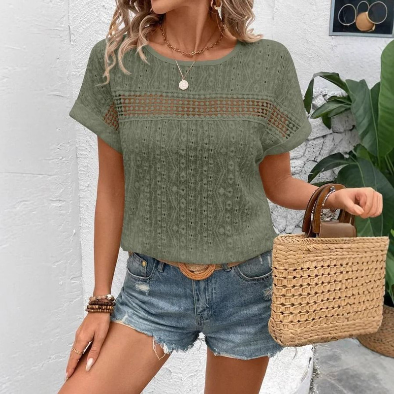 Womens Summer Casual Short Sleeve Blouse Loose Fit Hollow Out Solid Color Lightweight Shirt Top 4