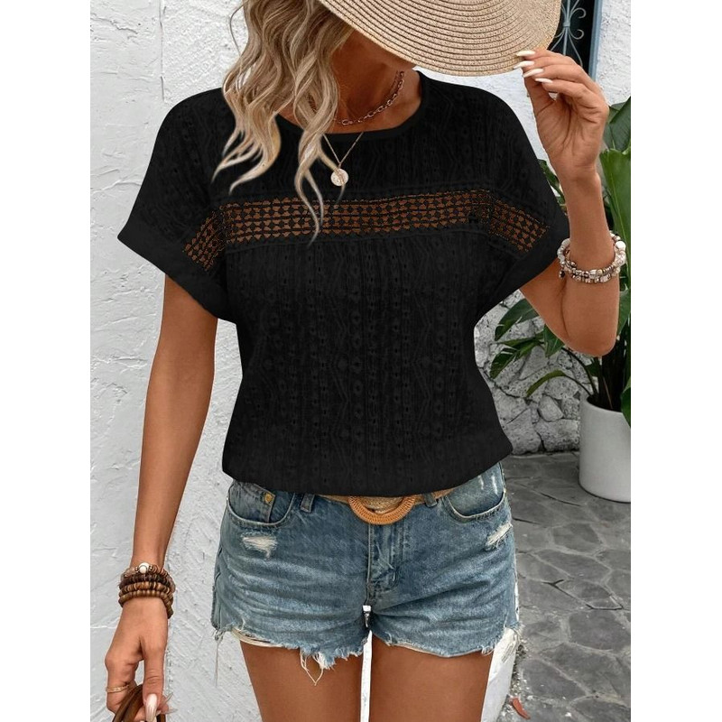 Womens Summer Casual Short Sleeve Blouse Loose Fit Hollow Out Solid Color Lightweight Shirt Top 7