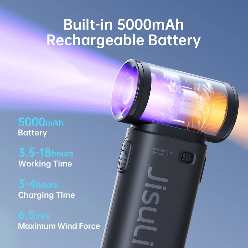 JISULIFE Handheld Turbo Fan With 5 Speeds And USB Rechargeable Power 1