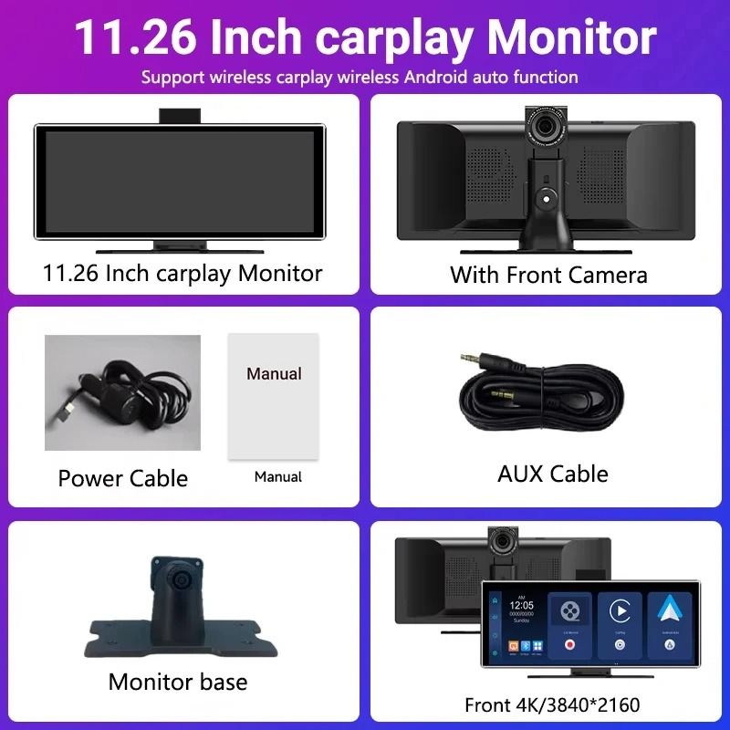 11 Inch Portable Dash Cam With 4K DVR Wireless Carplay Android Auto GPS Navigation And Dual Lens Re 9