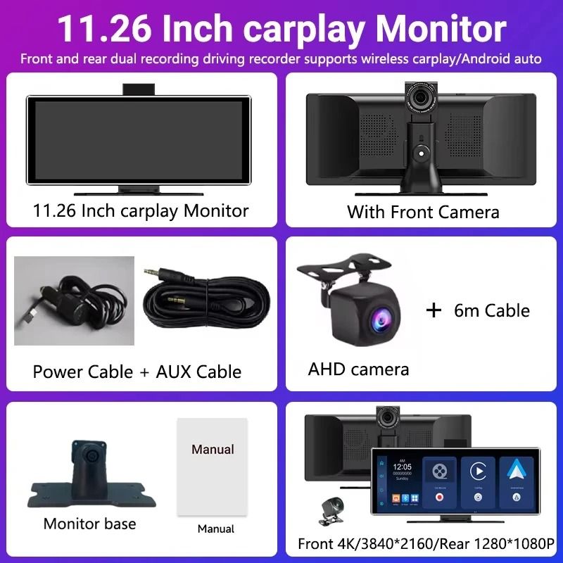 11 Inch Portable Dash Cam With 4K DVR Wireless Carplay Android Auto GPS Navigation And Dual Lens Re 11