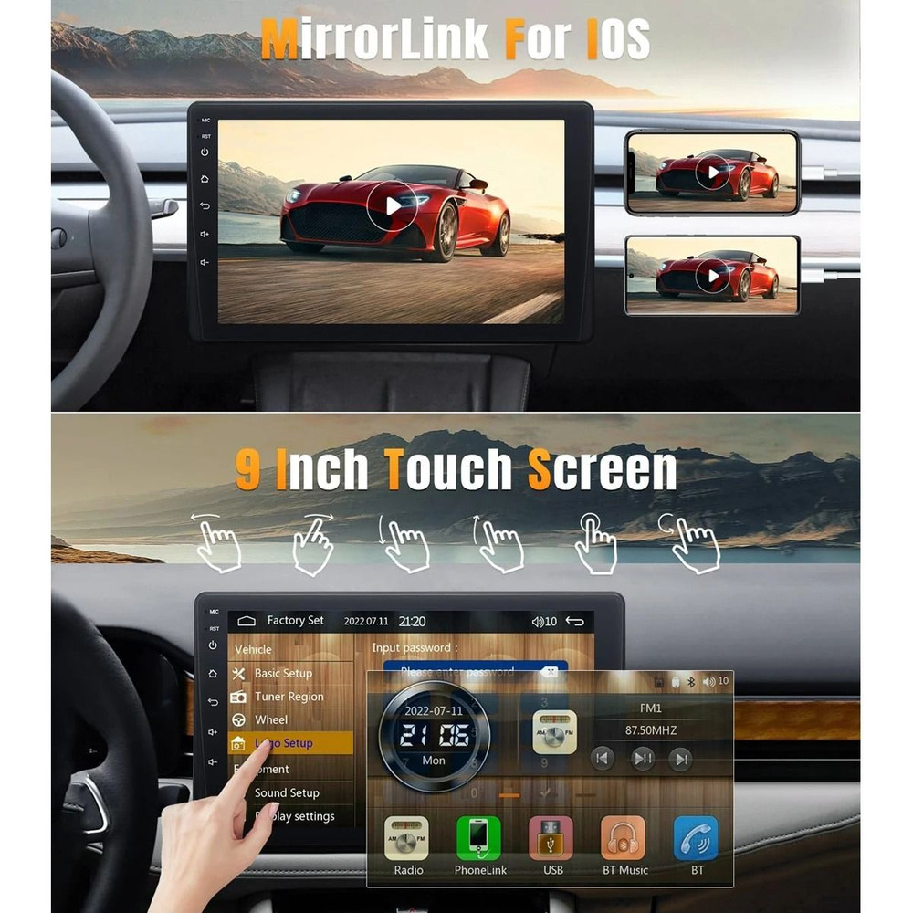 9 Inch Single Din Car Stereo HD Touch Screen With Carplay Android Auto Bluetooth Backup Camera And 2
