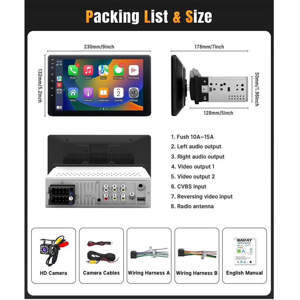 9 Inch Single Din Car Stereo HD Touch Screen With Carplay Android Auto Bluetooth Backup Camera And 5