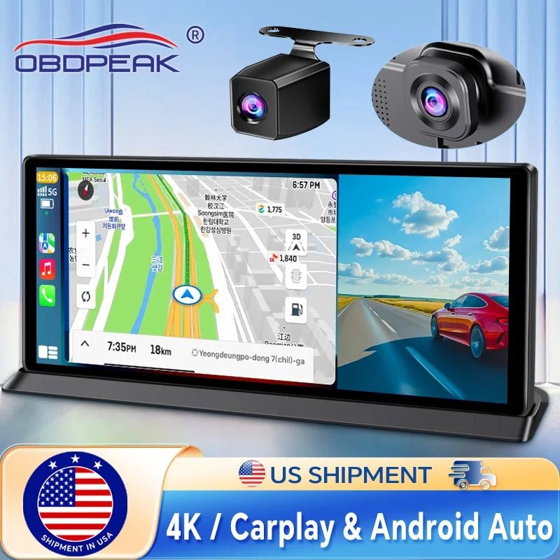 113 Inch Car DVR 4K Dash Cam Dual Lens With Wireless Carplay Android Auto GPS Navigation 5G Wifi FM 0