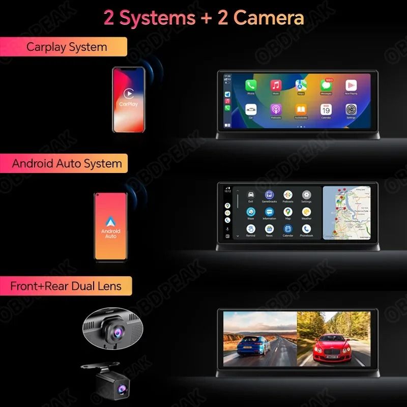 113 Inch Car DVR 4K Dash Cam Dual Lens With Wireless Carplay Android Auto GPS Navigation 5G Wifi FM 1