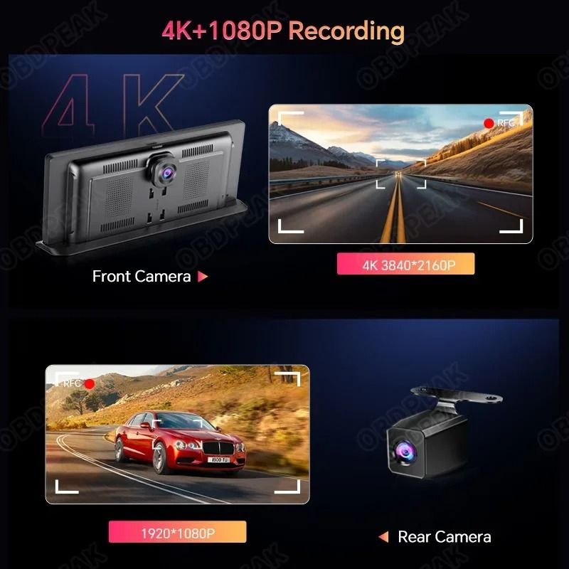 113 Inch Car DVR 4K Dash Cam Dual Lens With Wireless Carplay Android Auto GPS Navigation 5G Wifi FM 2