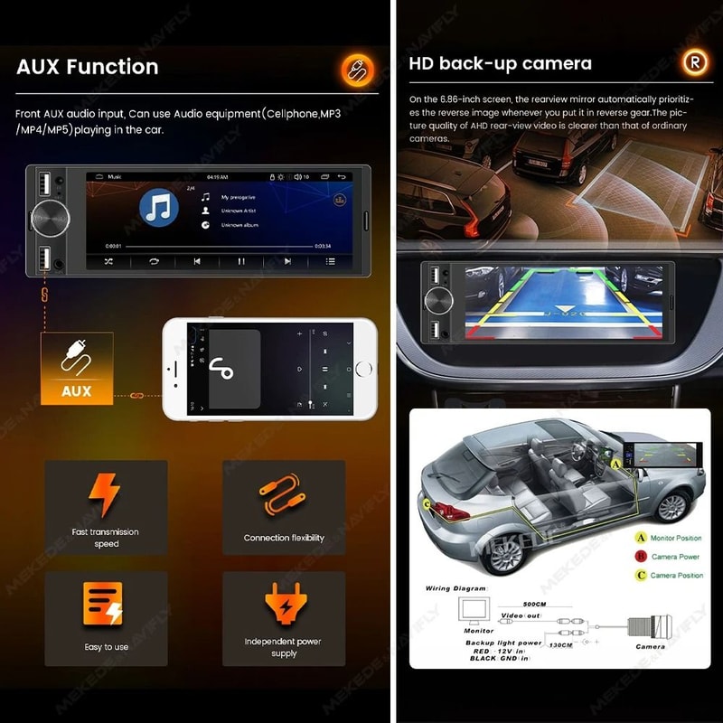 MEKEDE 686 Inch 1Din Carplay Android Auto MP5 Car Radio 2