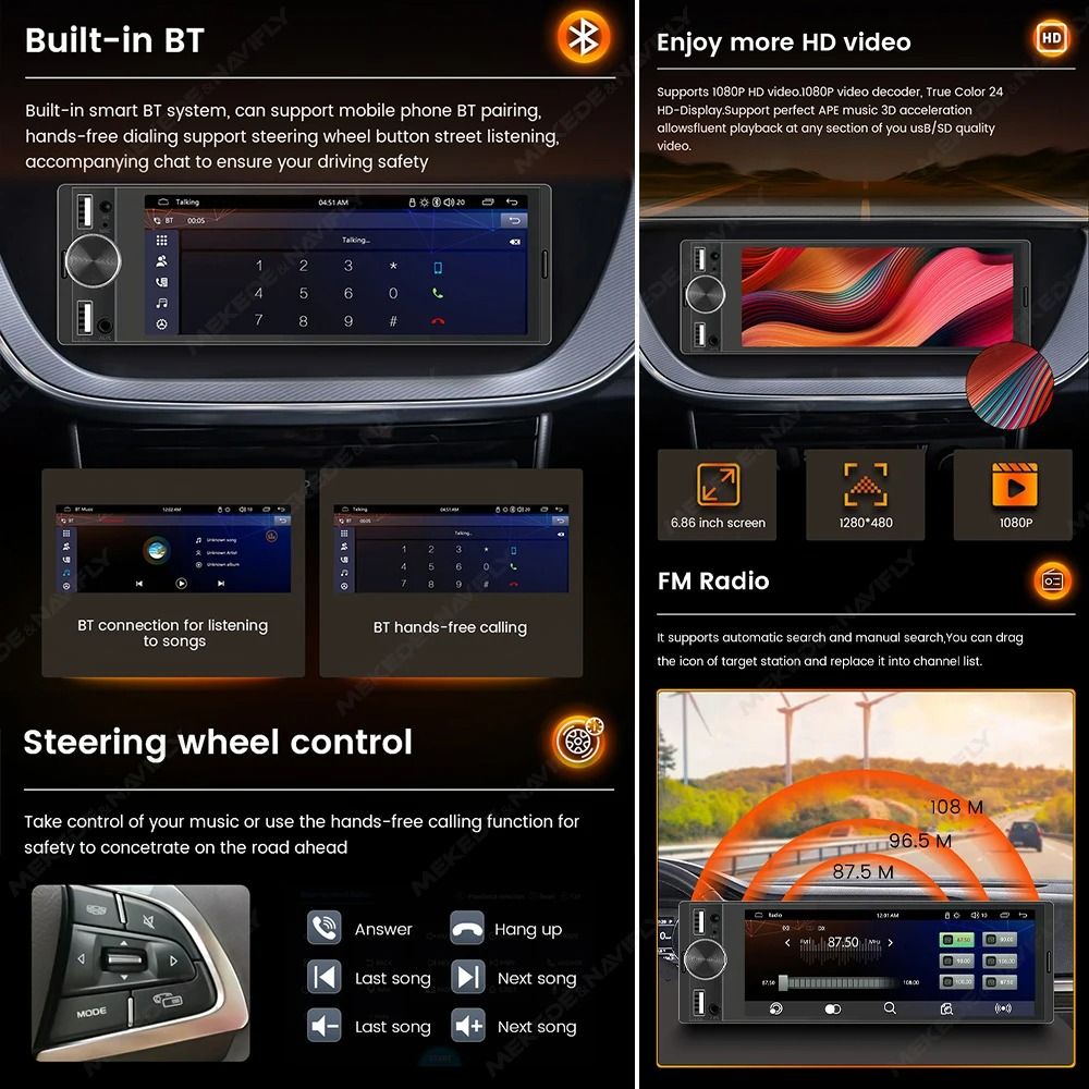 MEKEDE 686 Inch 1Din Carplay Android Auto MP5 Car Radio 3