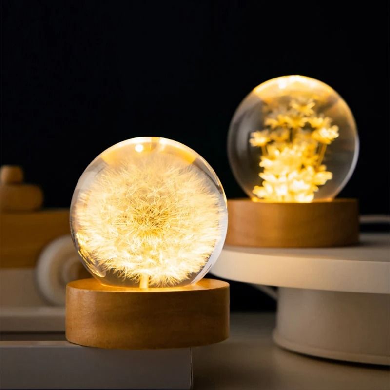 3D Dandelion Crystal Ball With Wood Stand Luminous Flower Sphere 0