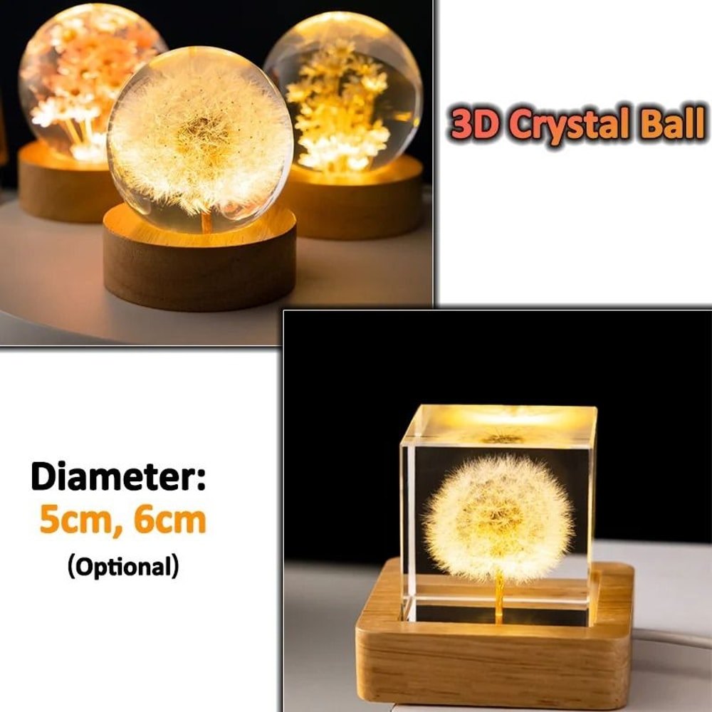 3D Dandelion Crystal Ball With Wood Stand Luminous Flower Sphere 1