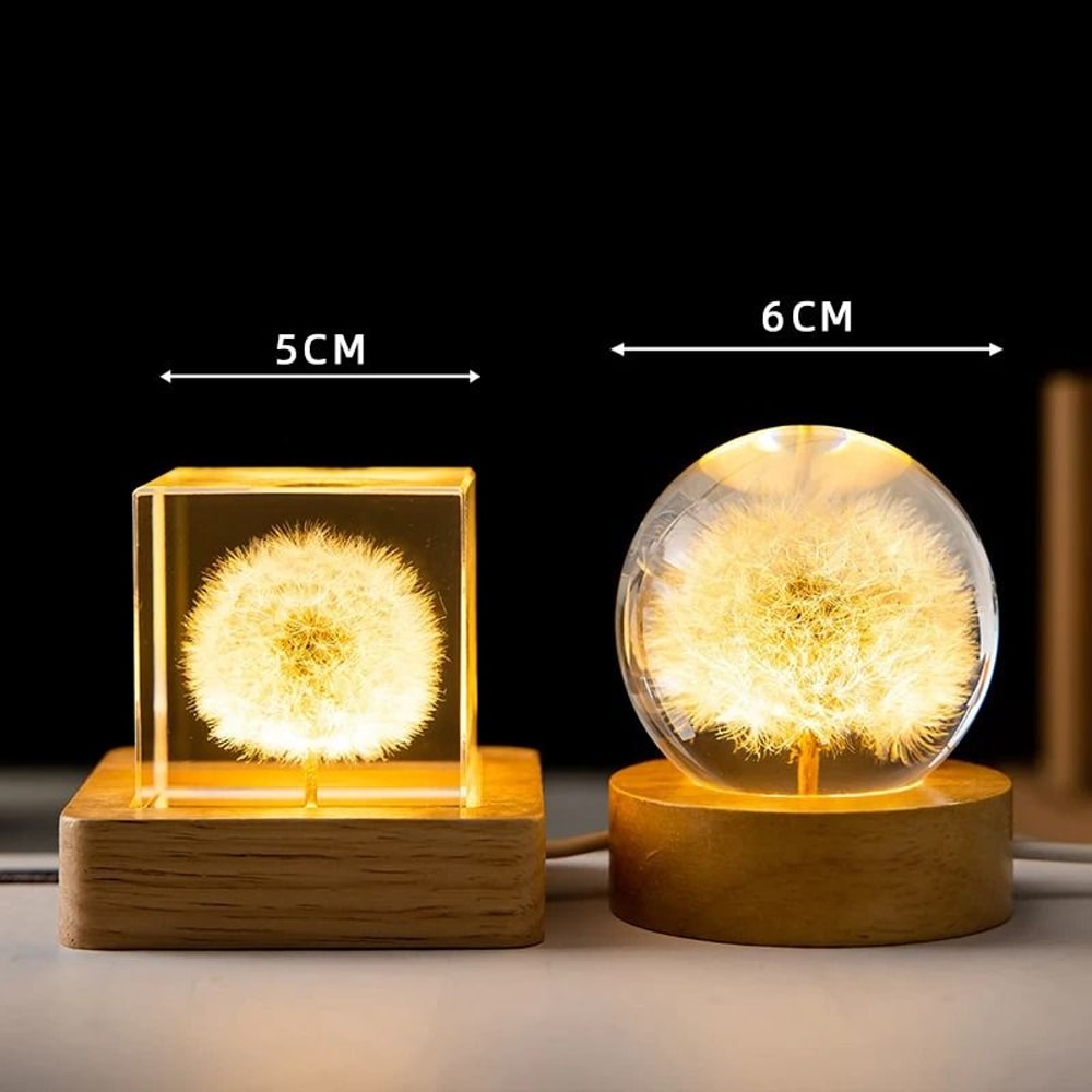 3D Dandelion Crystal Ball With Wood Stand Luminous Flower Sphere 3