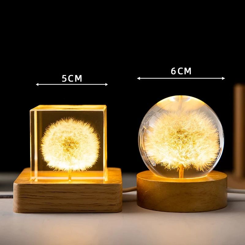 3D Dandelion Crystal Ball With Wood Stand Luminous Flower Sphere 3