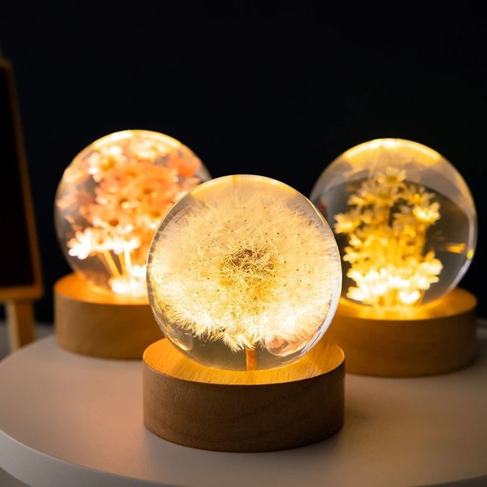 3D Dandelion Crystal Ball With Wood Stand Luminous Flower Sphere 4