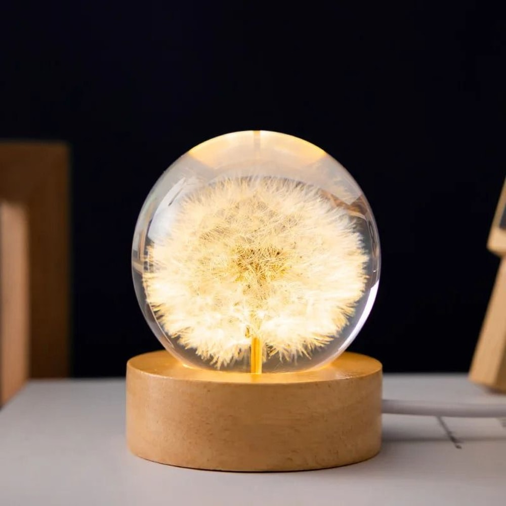 3D Dandelion Crystal Ball With Wood Stand Luminous Flower Sphere 7