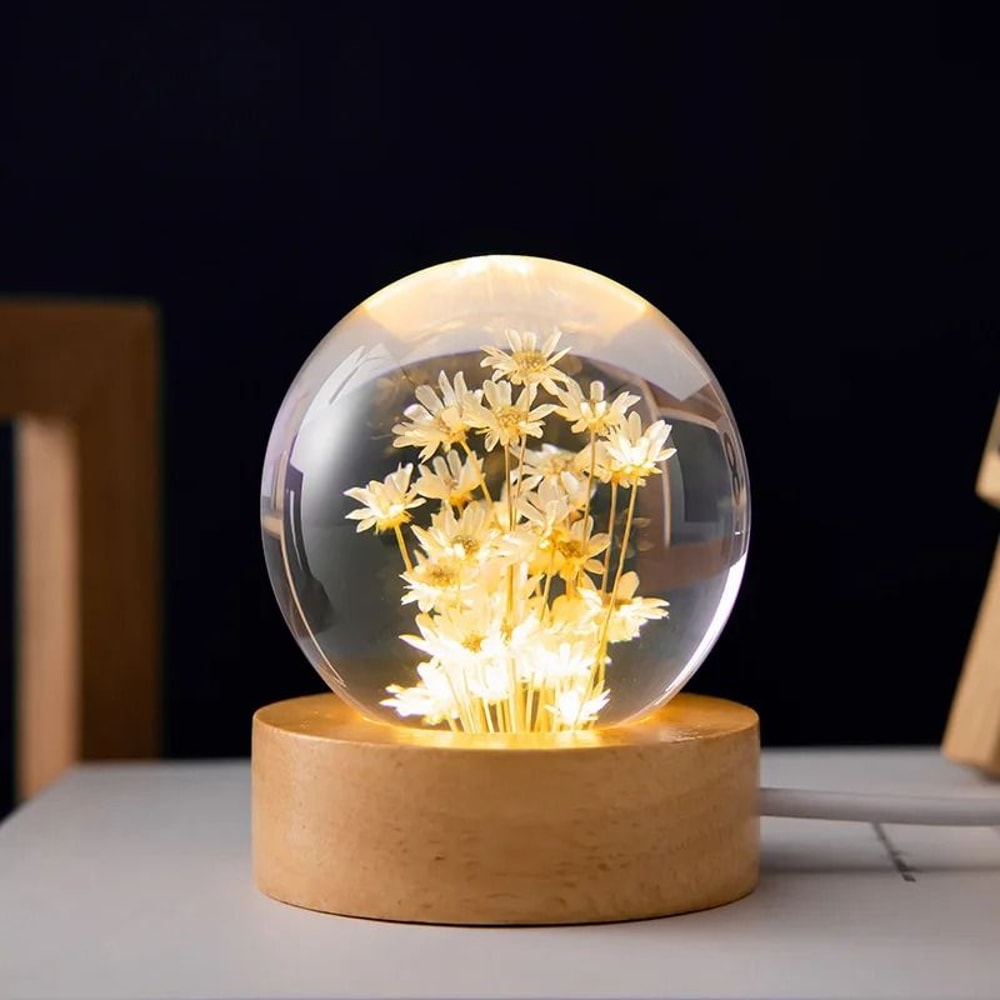 3D Dandelion Crystal Ball With Wood Stand Luminous Flower Sphere 8