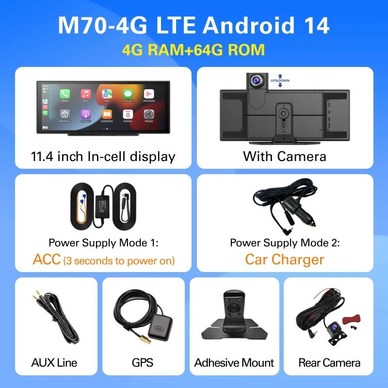 Imagebon M70 114 Inch 4G Android 14 Dashcam With Wireless CarPlay Android Auto 7