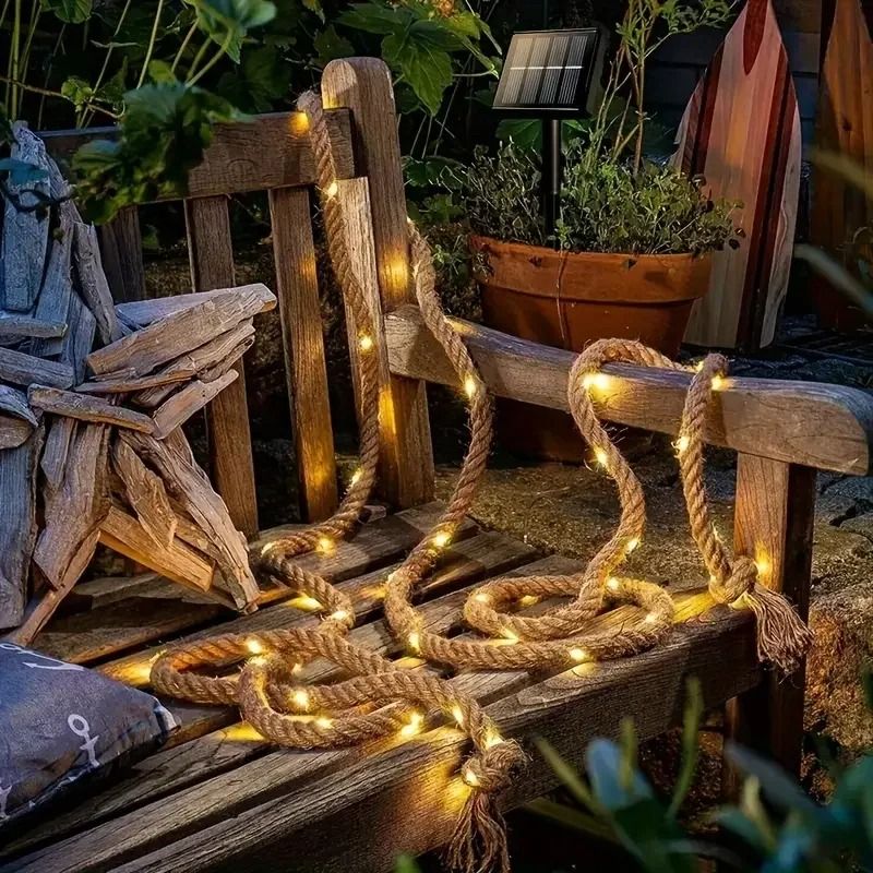 Retro Hemp Rope Solar String Light 7 Meter 50 LED Outdoor Garden Patio Decorative Lamp 6