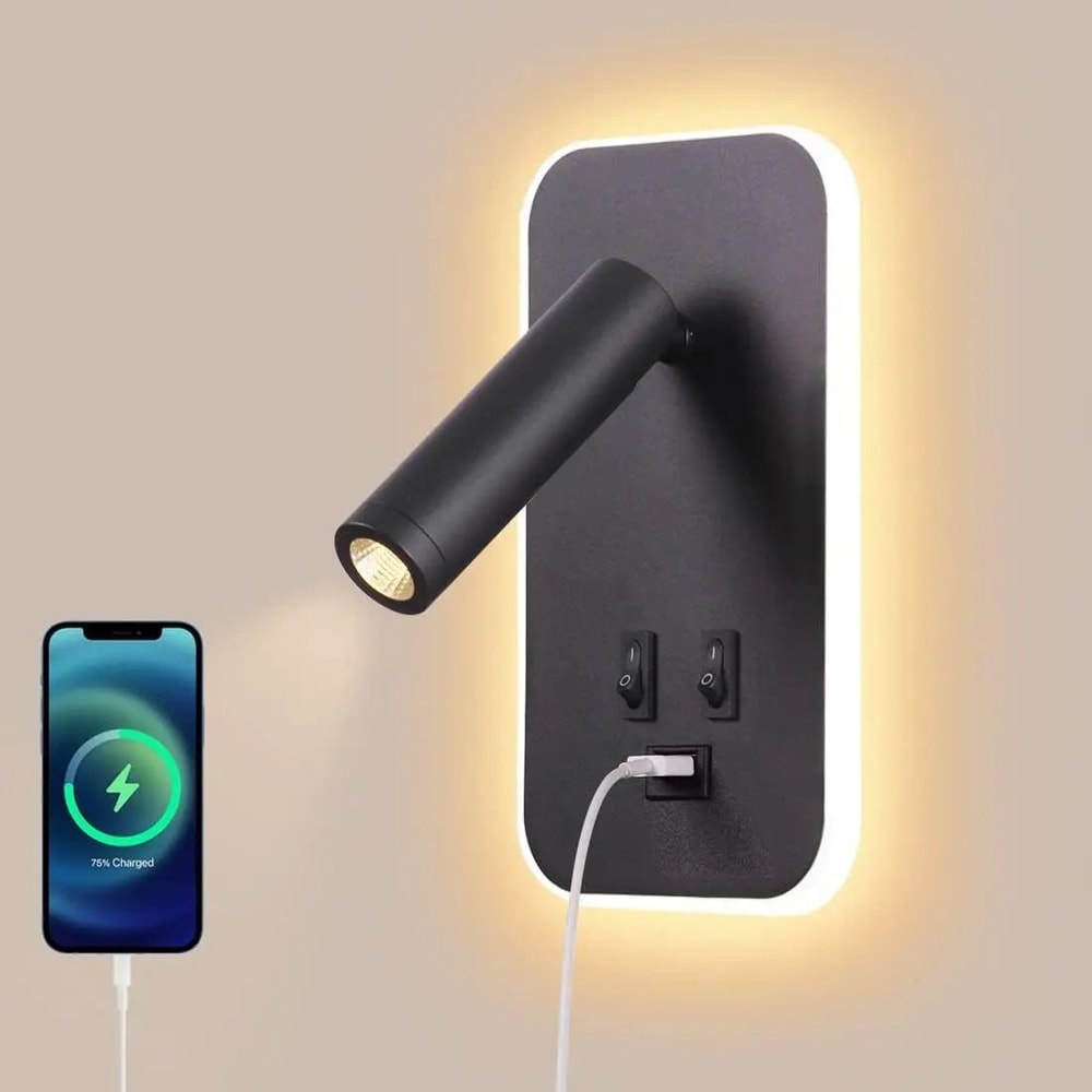 WallMounted Bedside LED Reading Light With USB Charging Port And Adjustable Spotlight 0