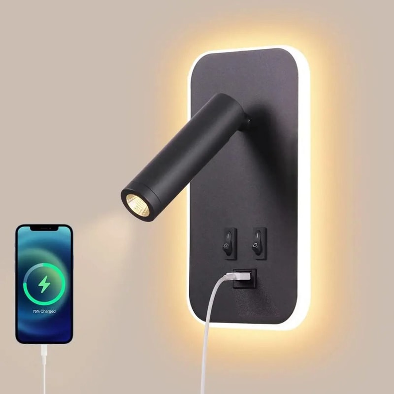 WallMounted Bedside LED Reading Light With USB Charging Port And Adjustable Spotlight 0