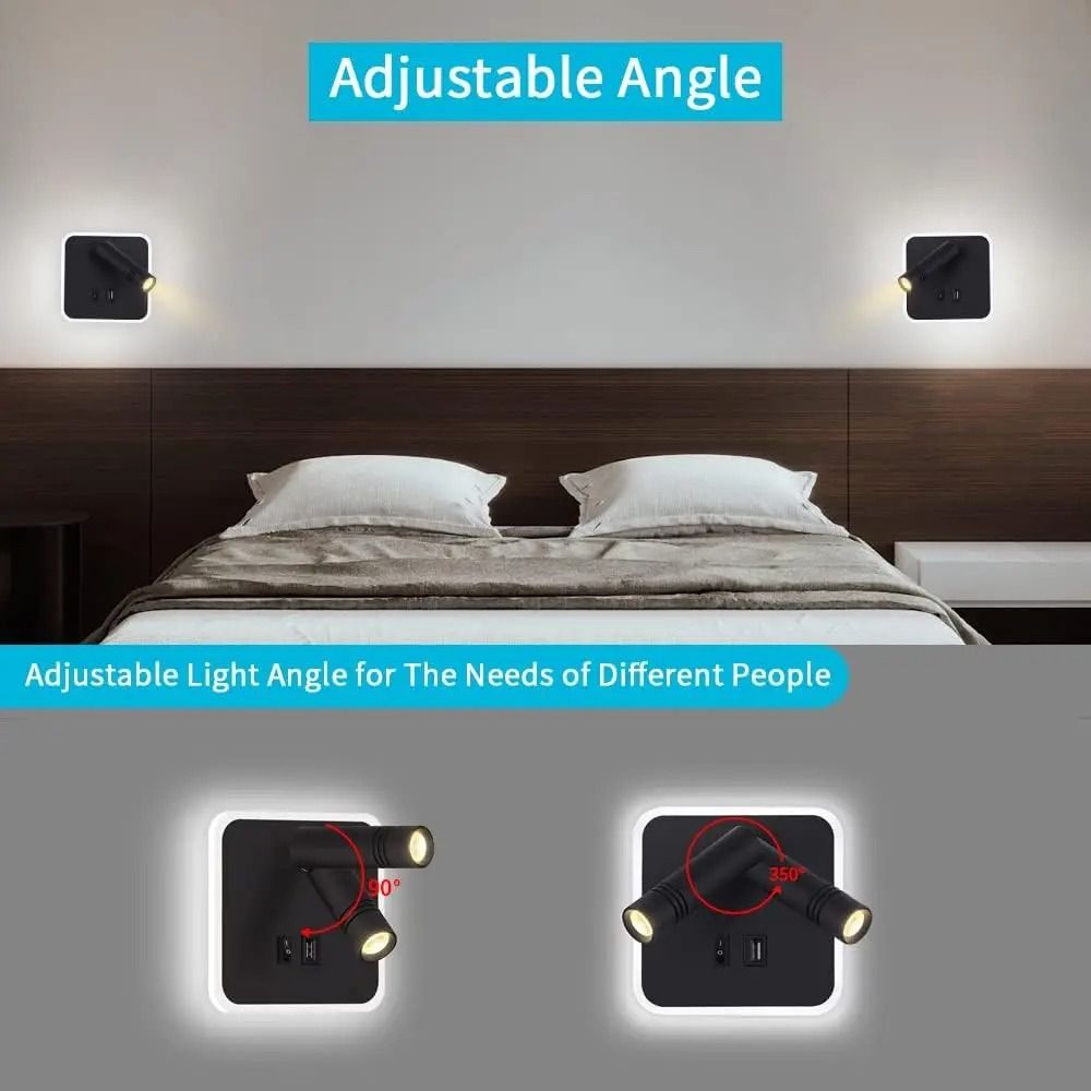 WallMounted Bedside LED Reading Light With USB Charging Port And Adjustable Spotlight 3