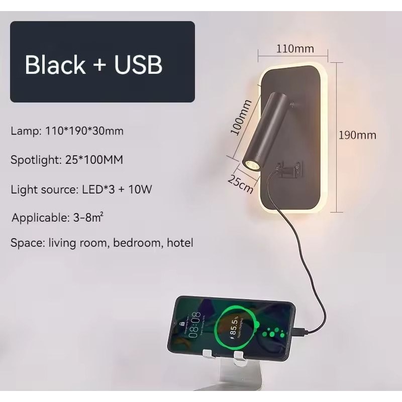 WallMounted Bedside LED Reading Light With USB Charging Port And Adjustable Spotlight 8
