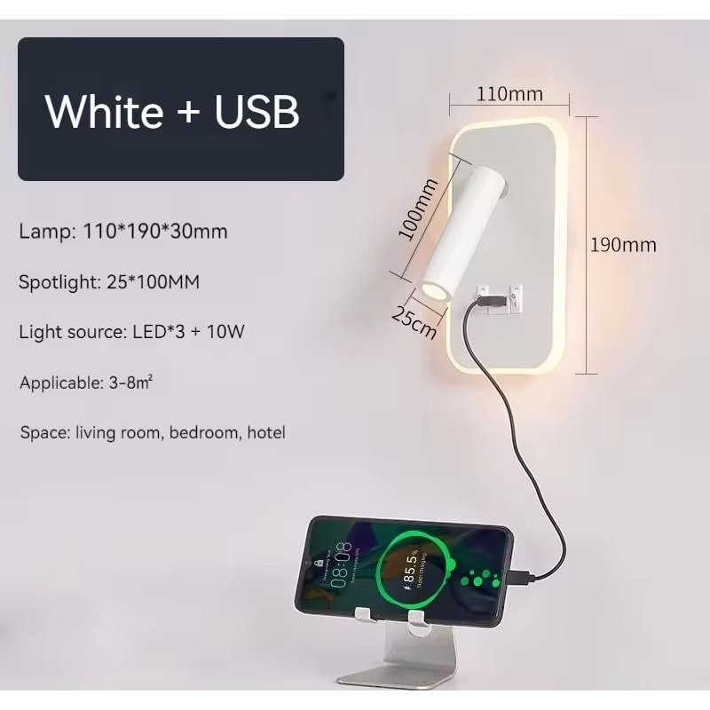 WallMounted Bedside LED Reading Light With USB Charging Port And Adjustable Spotlight 9