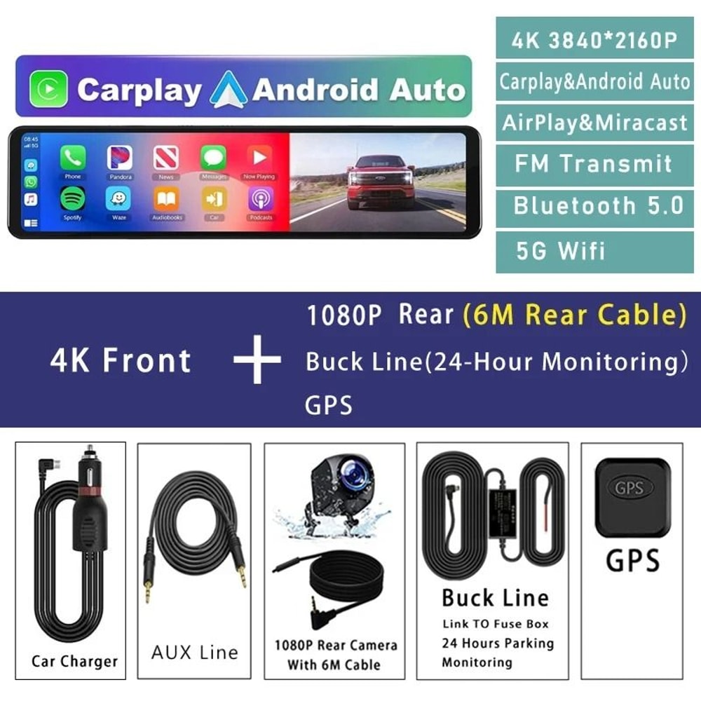 1126 Inch 4K Car DVR With Carplay Android Auto GPS WiFi Bluetooth Mirror Dash Cam 9