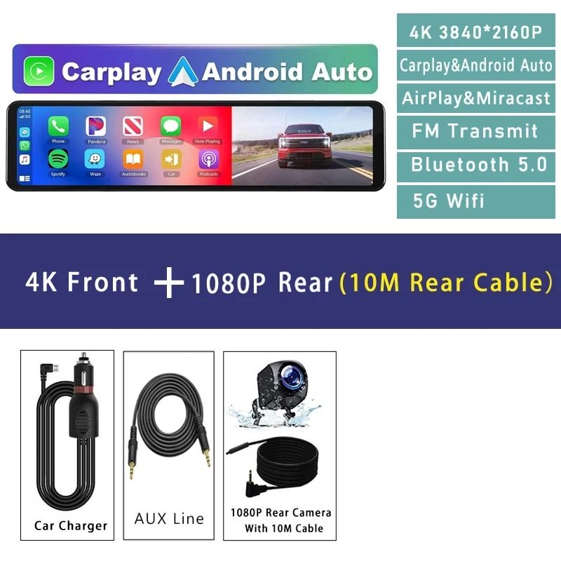 1126 Inch 4K Car DVR With Carplay Android Auto GPS WiFi Bluetooth Mirror Dash Cam 8