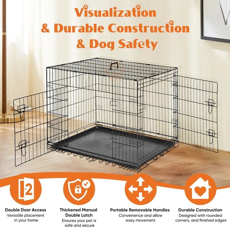 Double Door Folding Metal Dog Cage With LeakProof Tray For Indoor And Outdoor Use 2