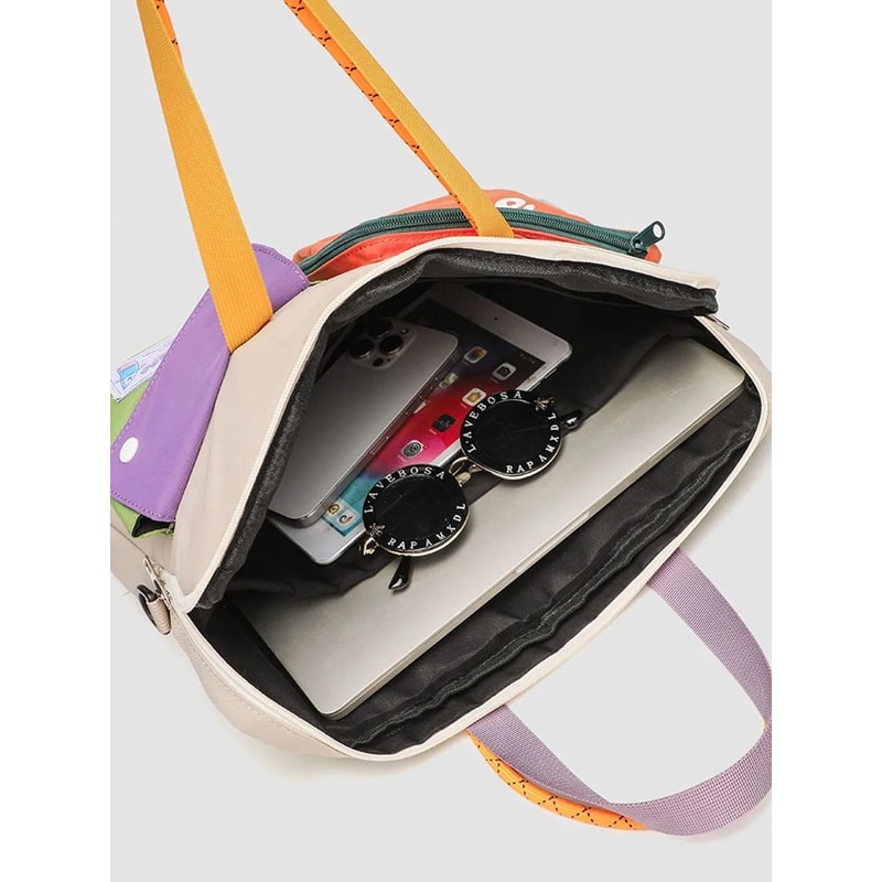 Women Color Block Cartoon Pattern Laptop Bag One Shoulder Handbag For Daily University Commute 4